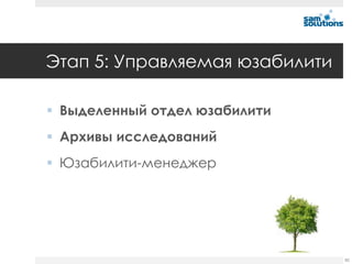 Этап 5: Управляемая юзабилити

 Выделенный отдел юзабилити
 Архивы исследований
 Юзабилити-менеджер




                                82
 