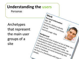 Archetypes that represent the main user groups of a site Understanding the  users Personas Mark Personal information Age: 20 Location: Sydney suburbs Access internet: from home  and uni Internet usage: daily Background Mark is a full time student at Uni of NSW. He’s studying journalism and is particularly interested in citizen generated media.  He uses the internet on a daily basis and keeps up with his friends via social networking sites such as Facebook. He lives in a sharehouse with two other people. 