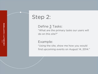 Step 2: 
Define 3 Tasks: 
“What are the primary tasks our users will 
do on this site?” 
Example: 
“Using the site, show me how you would 
find upcoming events on August 14, 2014.” 
 
