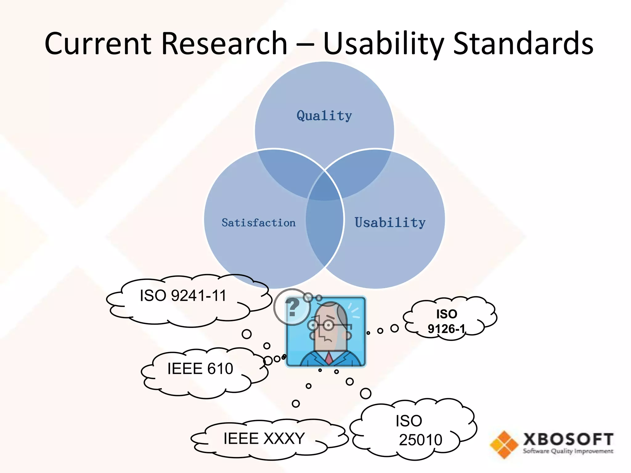 Current Research – Usability Standards
                               Quality




                Satisfaction             Usability



      ISO 9241-11
                                                      ISO
                                                     9126-1


         IEEE 610


                                              ISO
                IEEE XXXY                      25010
 