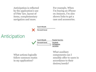 Anticipation
For example, When
I’m buying an iPhone
on Amazon, I’m also
shown links to get a
case and accessories.
What actions logically
follow common routes
in my application?
What auxiliary
components can I
sensibly offer to users in
accordance to their
desires/needs?
Anticipation is reflected
by the application’s use
of Fitts’ law, layout of
items, complementary
navigation and more.
 