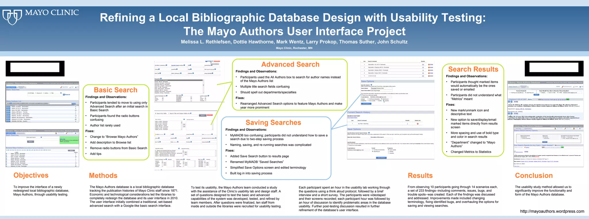 Refining a Local Bibliographic Database Design with Usability Testing:  The Mayo Authors User Interface Project Melissa L. Rethlefsen, Dottie Hawthorne, Mark Wentz, Larry Prokop, Thomas Suther, John Schultz Mayo Clinic, Rochester, MN Results Methods To improve the interface of a newly redesigned local bibliographic database, Mayo Authors, through usability testing.  Objectives The Mayo Authors database is a local bibliographic database tracking the publication histories of Mayo Clinic staff since 1871. Economic and technological considerations led the libraries to completely redesign the database and its user interface in 2010. The user interface initially combined a traditional, set-based advanced search with a Google-like basic search interface.  The usability study method allowed us to significantly improve the functionality and form of the Mayo Authors database.  To test its usability, the Mayo Authors team conducted a study with the assistance of the Clinic’s usability lab and design staff. A set of questions designed to test the basic and advanced capabilities of the system was developed, tested, and refined by team members. After questions were finalized, ten staff from inside and outside the libraries were recruited for usability testing.  Each participant spent an hour in the usability lab working through the questions using a think aloud protocol, followed by a brief interview and a short survey. The participants were videotaped and their screens recorded; each participant hour was followed by an hour of discussion to identify problematic areas in the database usability. Further post-testing discussion resulted in further refinement of the database’s user interface.  Conclusion From observing 10 participants going through 14 scenarios each, a set of 233 findings--including comments, issues, bugs, and trouble spots--was created. Each of the findings was discussed and addressed. Improvements made included changing terminology, fixing identified bugs, and overhauling the options for saving and viewing searches.  Advanced Search Findings and Observations: Participants used the All Authors box to search for author names instead of the Mayo Authors list Multiple title search fields confusing Should spell out departments/specialties Fixes: Rearranged Advanced Search options to feature Mayo Authors and make year more prominent Saving Searches Findings and Observations: MyMADB too confusing; participants did not understand how to save a search due to two-step saving process Naming, saving, and re-running searches was complicated  Fixes: Added Save Search button to results page Renamed MyMADB “Saved Searches” Simplified Save Options screen and edited terminology Built log in into saving process Search Results Findings and Observations: Participants thought marked items would automatically be the ones saved or emailed Participants did not understand what “Metrics” meant Fixes: New mark/unmark icon and descriptive text New option to save/display/email marked items directly from results screen More spacing and use of bold type and color in search results “Department” changed to “Mayo Authors” Changed Metrics to Statistics http://mayoauthors.wordpress.com Findings and Observations: Participants tended to move to using only Advanced Search after an initial search in Basic Search Participants found the radio buttons confusing Author list rarely used Fixes: Change to “Browse Mayo Authors” Add description to Browse list Remove radio buttons from Basic Search Add tips Basic Search 
