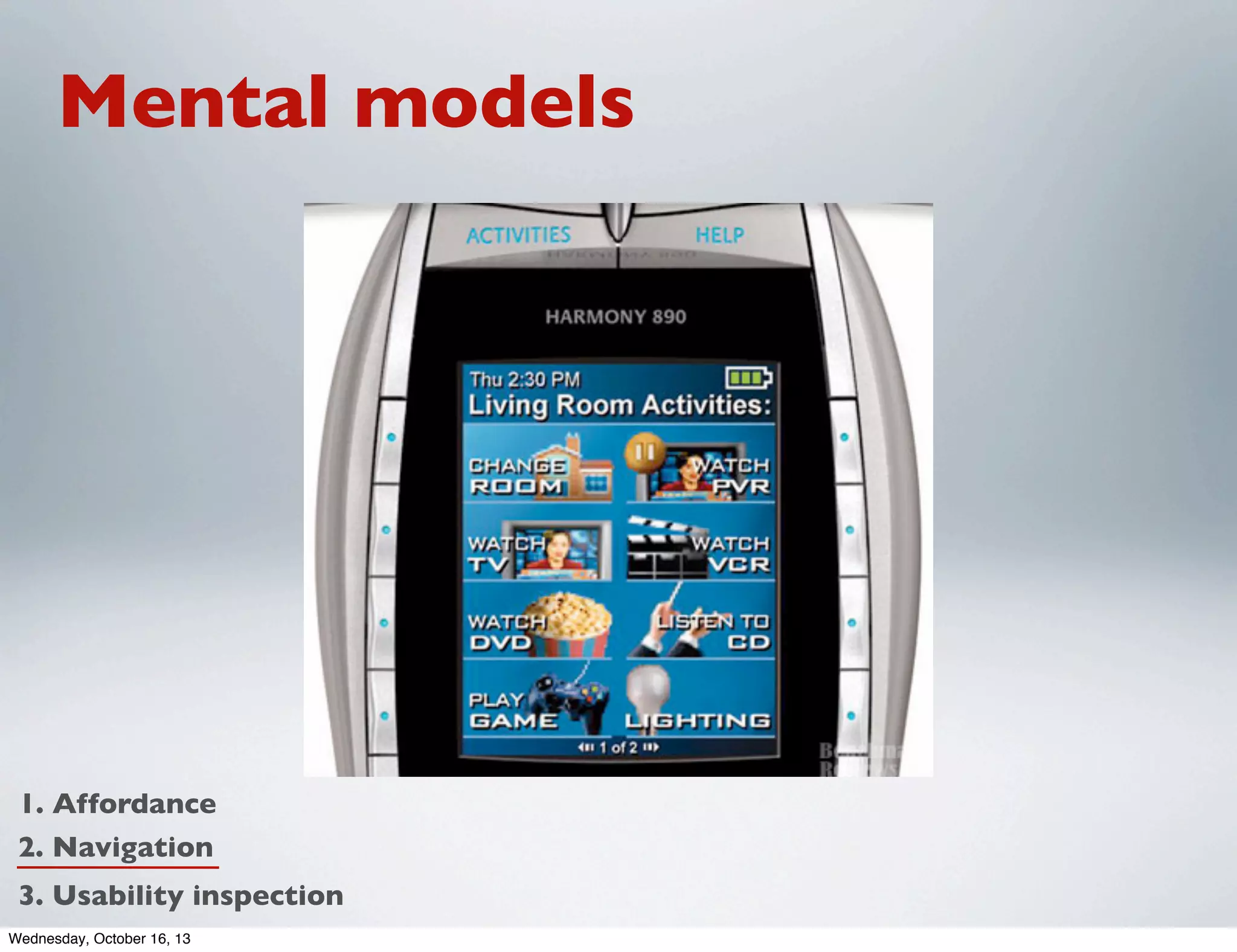 Mental models

1. Affordance
2. Navigation
3. Usability inspection
Wednesday, October 16, 13

 