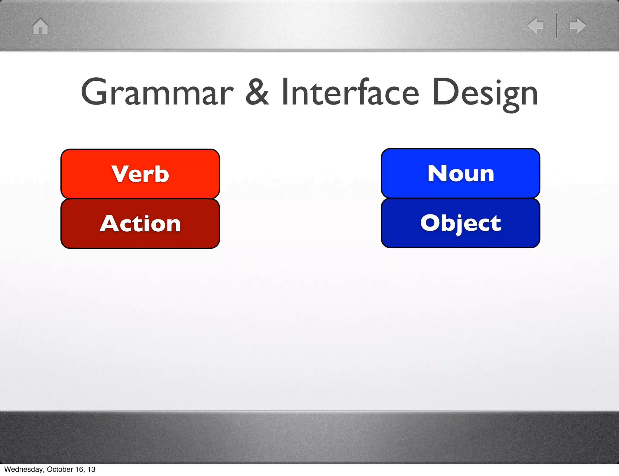 Grammar & Interface Design
Verb
Action

Wednesday, October 16, 13

Noun
Object

 