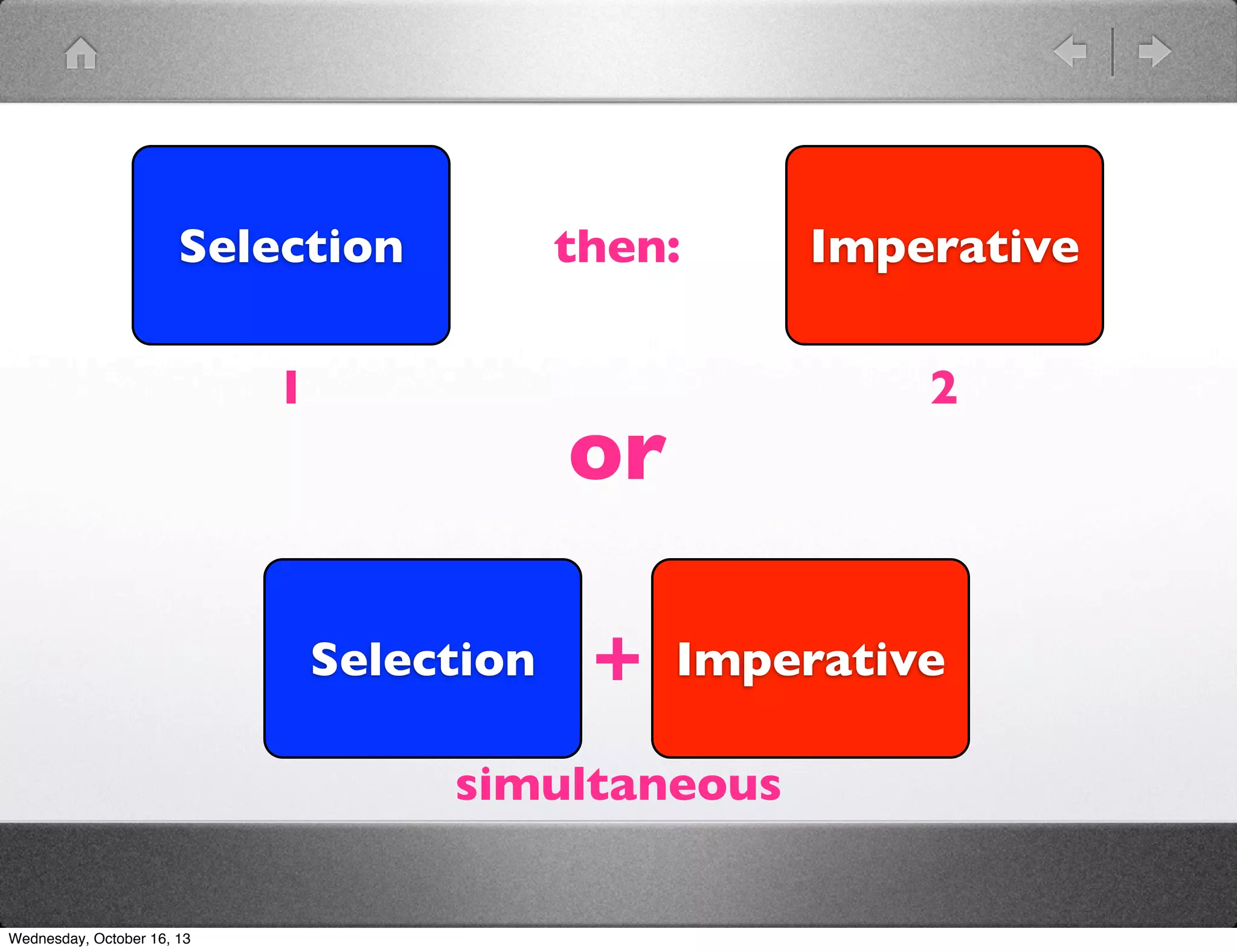 Selection

then:

1

2

or
Selection

+

Imperative

simultaneous

Wednesday, October 16, 13

Imperative

 
