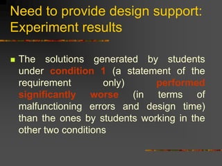 Need to provide design support:
Experiment results
 The solutions generated by students
under condition 1 (a statement of the
requirement only) performed
significantly worse (in terms of
malfunctioning errors and design time)
than the ones by students working in the
other two conditions
 