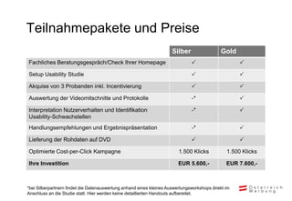 Teilnahmepakete und Preise
                                                                      Silber                 Gold
Fachliches Beratungsgespräch/Check Ihrer Homepage                                                   
Setup Usability Studie                                                                              
Akquise von 3 Probanden inkl. Incentivierung                                                        
Auswertung der Videomitschnitte und Protokolle                                 -*                    
Interpretation Nutzerverhalten und Identifikation                              -*                    
Usability-Schwachstellen
Handlungsempfehlungen und Ergebnispräsentation                                 -*                    
Lieferung der Rohdaten auf DVD                                                                      
Optimierte Cost-per-Click Kampagne                                       1.500 Klicks           1.500 Klicks

Ihre Investition                                                         EUR 5.600,-            EUR 7.600,-



*bei Silberpartnern findet die Datenauswertung anhand eines kleines Auswertungsworkshops direkt im
Anschluss an die Studie statt. Hier werden keine detaillierten Handouts aufbereitet.
 