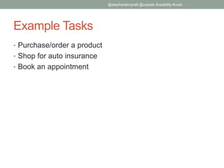 Example Tasks
• Purchase/order a product
• Shop for auto insurance
• Book an appointment
@stephaniempratt @uxpadc #usability #uxdc
 