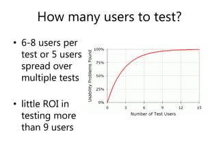 How many users to test?
• 6-8 users per
test or 5 users
spread over
multiple tests
• little ROI in
testing more
than 9 users
 