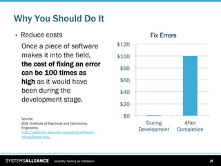 Why You Should Do It
    Reduce costs                                                    Fix Errors
     Once a piece of software                             $120

     makes it into the field,                             $100
     the cost of fixing an error
                                                           $80
     can be 100 times as
     high as it would have                                 $60
     been during the                                       $40
     development stage.
                                                           $20

     Source:
                                                            $0
     IEEE (Institute of Electrical and Electronics                  During          After
     Engineers)
     http://spectrum.ieee.org/computing/software/
                                                                 Development      Completion
     why-software-fails/




                        Usability Testing as Validation                                        26
 