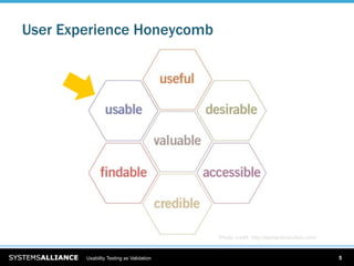 User Experience Honeycomb




                                          Photo credit: http://semanticstudios.com/


        Usability Testing as Validation                                               5
 