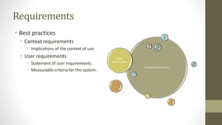 Requirements
• Best practices
• Context requirements
• Implications of the context of use.
• User requirements
• Statement of user requirements.
• Measurable criteria for the system.
Context requirements
User
requirements
 