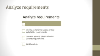 Analyze requirements
Analyze requirements
Identify and analyse success critical
stakeholder requirements
Common industry specification for
usability requirements
SWOT analysis
 