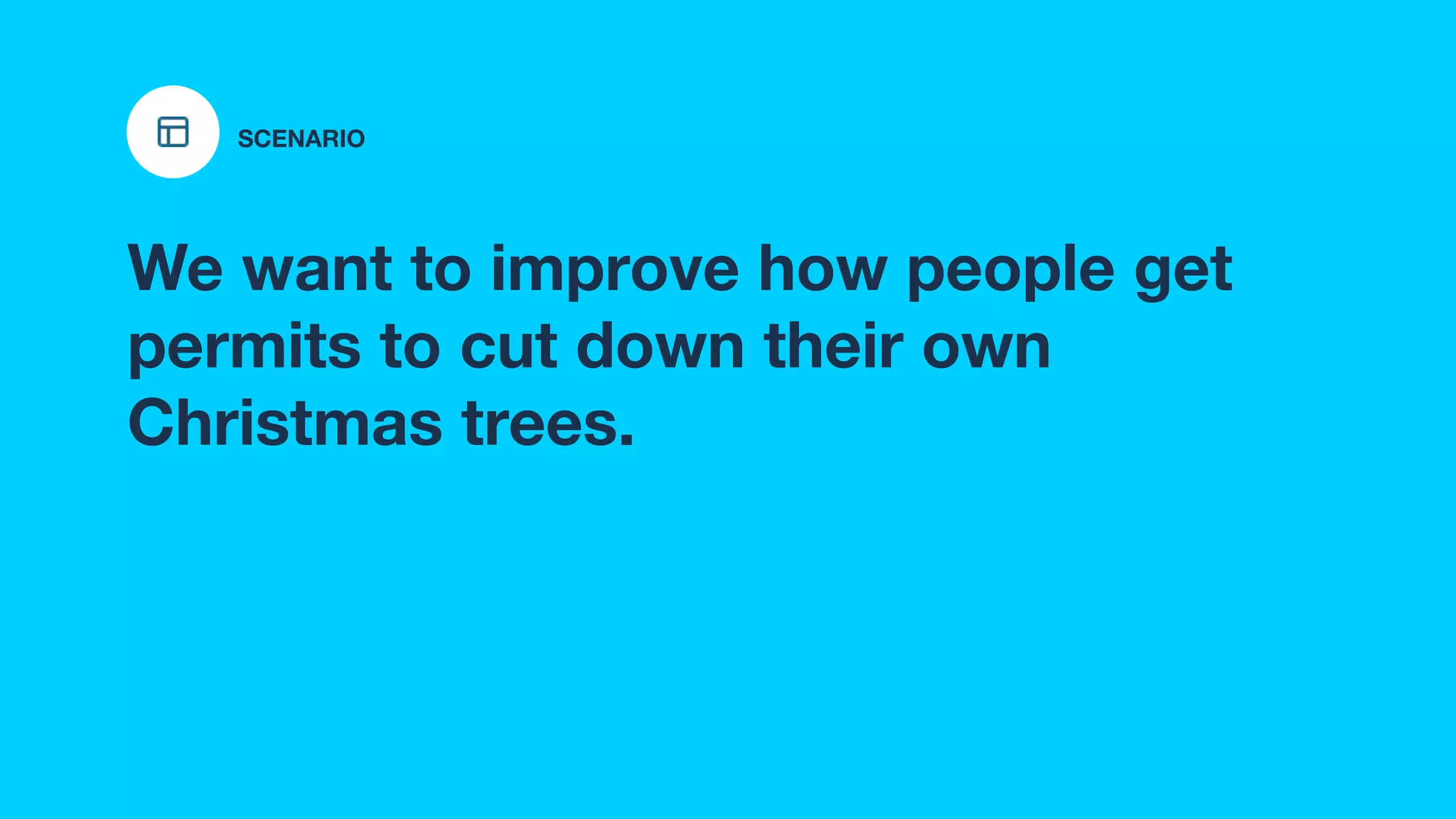 We want to improve how people get
permits to cut down their own
Christmas trees.
SCENARIO
 