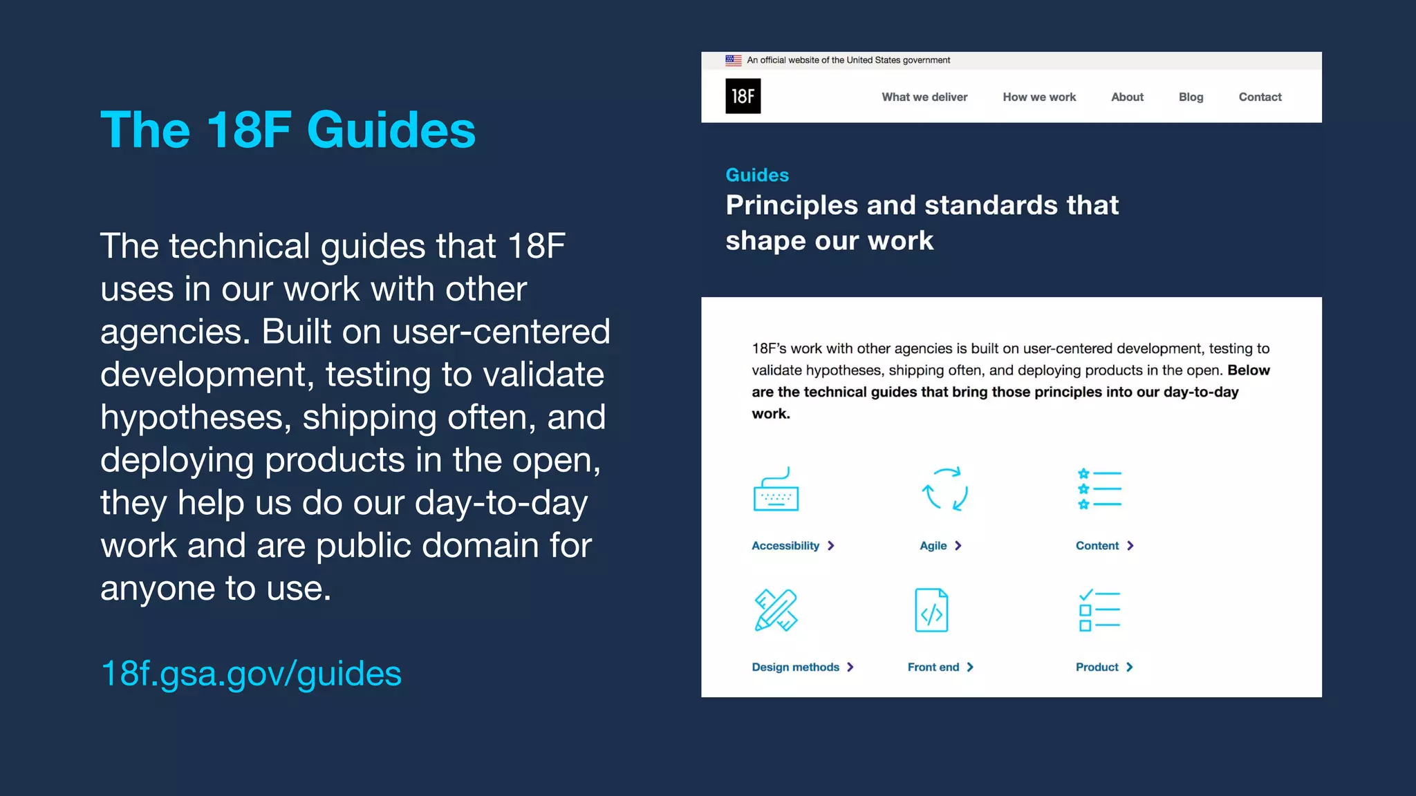The 18F Guides
The technical guides that 18F
uses in our work with other
agencies. Built on user-centered
development, testing to validate
hypotheses, shipping often, and
deploying products in the open,
they help us do our day-to-day
work and are public domain for
anyone to use.
18f.gsa.gov/guides
 