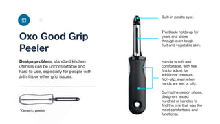 Oxo Good Grip
Peeler
Design problem: standard kitchen
utensils can be uncomfortable and
hard to use, especially for people with
arthritis or other grip issues.
Handle is soft and
comfortable, with ﬂex
ﬁns to adjust for
additional pressure.
Non-slip, even when
hands are wet or oily.
During the design phase,
designers tested
hundred of handles to
ﬁnd the one that was the
most comfortable and
functional.
The blade holds up for
years and slices
through even tough
fruit and vegetable skin.
Built-in potato eyer.
*Generic peeler
 