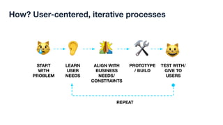 START
WITH
PROBLEM
LEARN
USER
NEEDS
ALIGN WITH
BUSINESS
NEEDS/
CONSTRAINTS
PROTOTYPE
/ BUILD
TEST WITH/
GIVE TO
USERS
REPEAT
How? User-centered, iterative processes
 