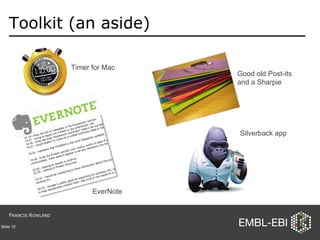 Toolkit (an aside) Slide  Good old Post-its and a Sharpie Silverback app Timer for Mac EverNote F RANCIS  R OWLAND 