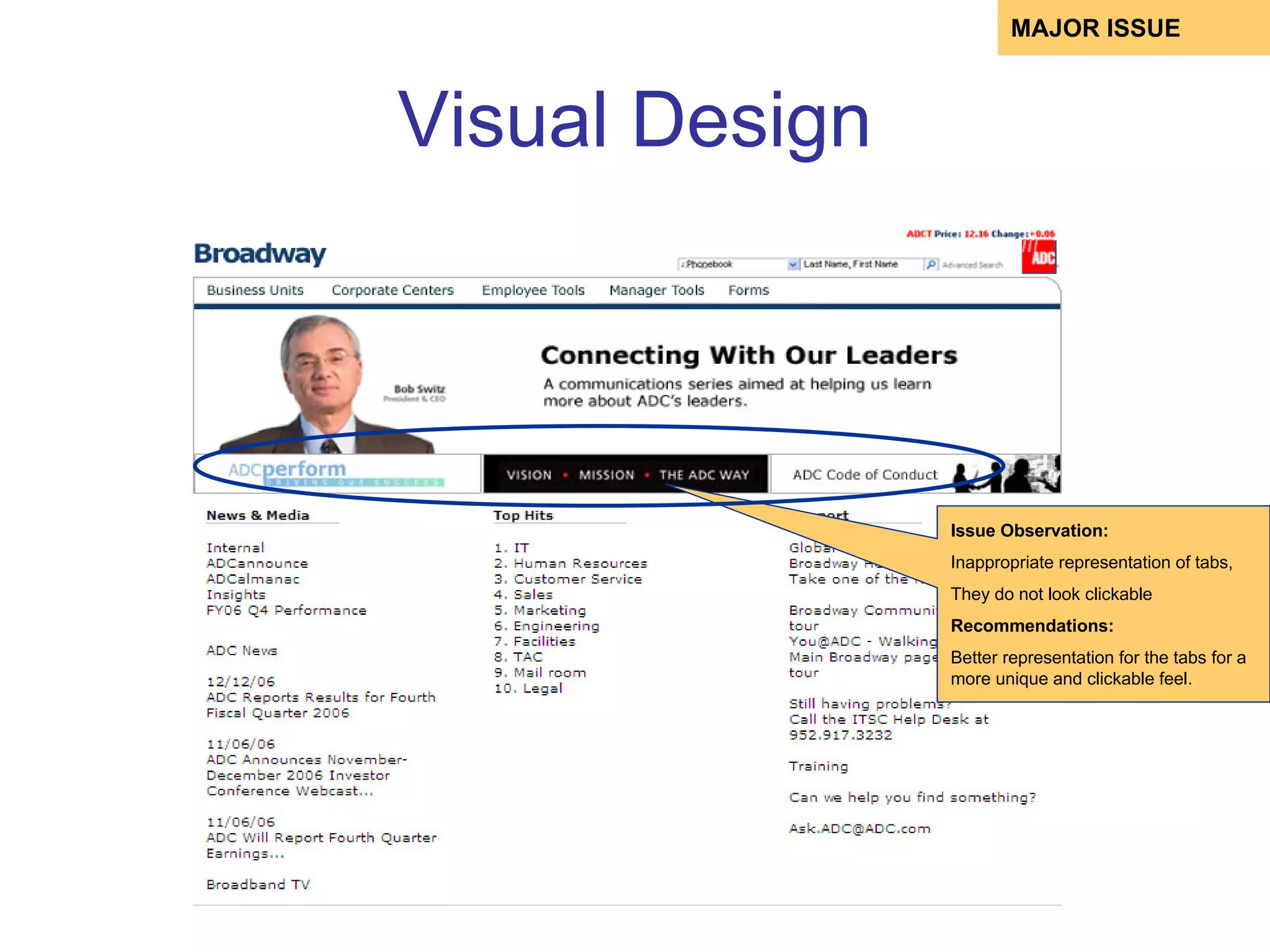 MAJOR ISSUE



Visual Design




                Issue Observation:
                Inappropriate representation of tabs,
                They do not look clickable
                Recommendations:
                Better representation for the tabs for a
                more unique and clickable feel.
 