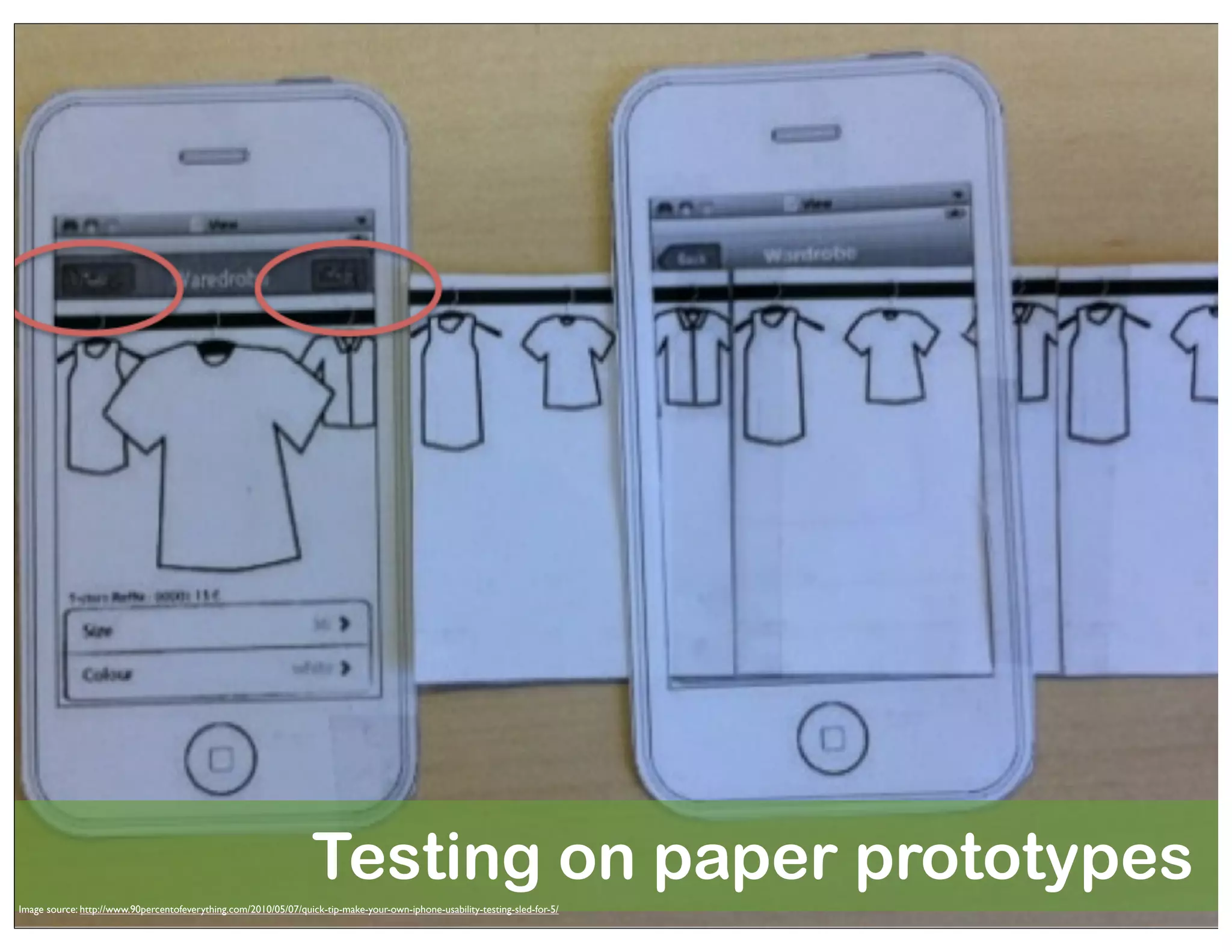 Testing on paper prototypes
Image source: http://www.90percentofeverything.com/2010/05/07/quick-tip-make-your-own-iphone-usability-testing-sled-for-5/

 