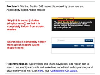Recommendation: Add invisible skip link to navigation, add hidden text to
search box, modify carousels and make links underlined, self-explanatory and
SEO friendly (e.g. not “Click here,” but “Campaign to Cut Waste.”
Problem 3. Site had Section 508 Issues discovered by customers and
Accessibility expert Angela Hooker
Skip link is coded (.hidden
{display: none}) so that it is
completely hidden from screen
readers
Search box is completely hidden
from screen readers (using
display: none)
 