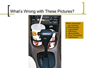 What’s Wrong with These Pictures? Which element(s) are missing?  Effectiveness Learnability Efficiency Memorability Error Prevention Satisfaction 
