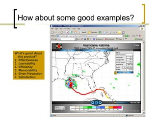 How about some good examples? What’s good about this product? Effectiveness Learnability Efficiency Memorability Error Prevention Satisfaction 