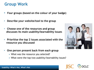 Image CreditsWhat’s Not: Bad Search: http://www.irs.gov/What’s Hot: Search is King: http://www.google.com, http://www.youtube.com, http://www.baidu.com, http://www.amazon.comWhat’s Not: Notify users when systems fail: http://quince.infragistics.com/Patterns/Inline%20Validation.aspx?lang=enWhat’s Hot: Browsing hierarchies: http://www.foodnetwork.com, http://www.amazon.comWhat’s Not: Style no substance: http://www.milliondollarhomepage.com/What’s Not: Style no substance: : http://www.start-the-change.org/What’s Hot: Accessibility: http://colorvisiontesting.com/, CC insert_user_name: http://www.flickr.com/photos/30890318@N06/3031865704/What’s Not: Ambiguous or incorrect error messages: http://homepage.mac.com/bradster/iarchitect/errormsg.htmWhat’s Hot: User Centered Development: CC Peter Nijenhuis: http://www.flickr.com/photos/peternijenhuis/199686509/