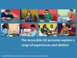 The Accessible UX personas explore a
range of experiences and abilities
Carol
Jacob
Lea
Emily Steven
Maria
Trevor
Vishnu
rosenfeldmedia.com/books/a-web-for-everyone/#resources
 