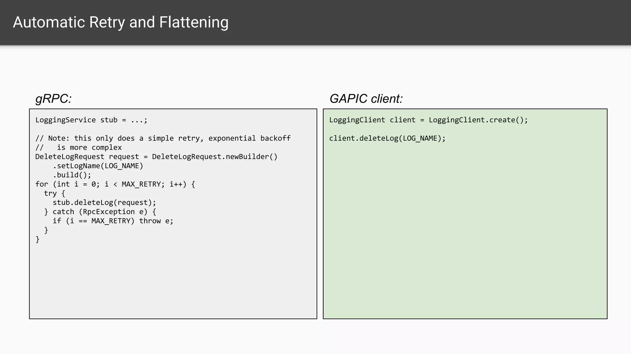 Automatic Retry and Flattening
GAPIC client:
LoggingService stub = ...;
// Note: this only does a simple retry, exponential backoff
// is more complex
DeleteLogRequest request = DeleteLogRequest.newBuilder()
.setLogName(LOG_NAME)
.build();
for (int i = 0; i < MAX_RETRY; i++) {
try {
stub.deleteLog(request);
} catch (RpcException e) {
if (i == MAX_RETRY) throw e;
}
}
gRPC:
LoggingClient client = LoggingClient.create();
client.deleteLog(LOG_NAME);
 