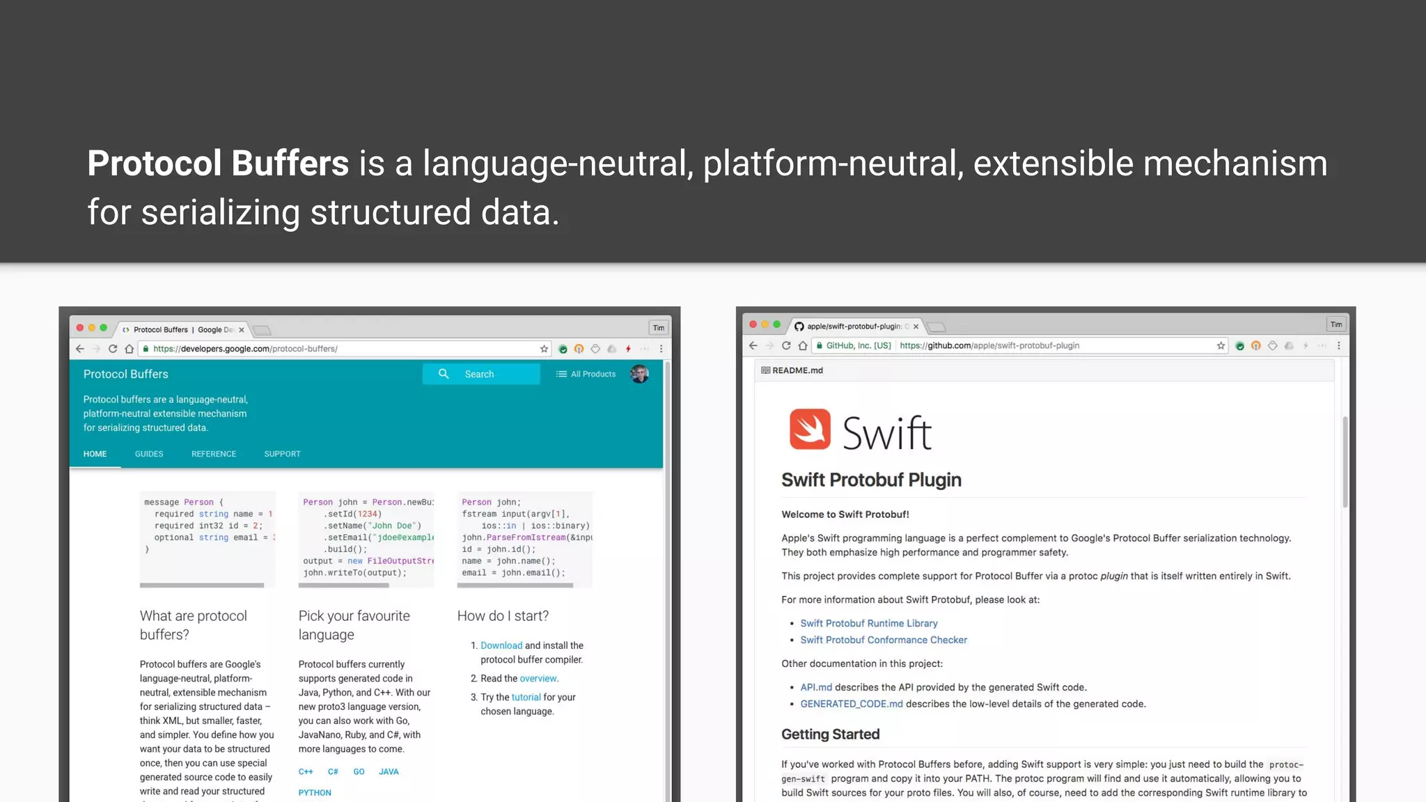 Protocol Buffers is a language-neutral, platform-neutral, extensible mechanism
for serializing structured data.
 