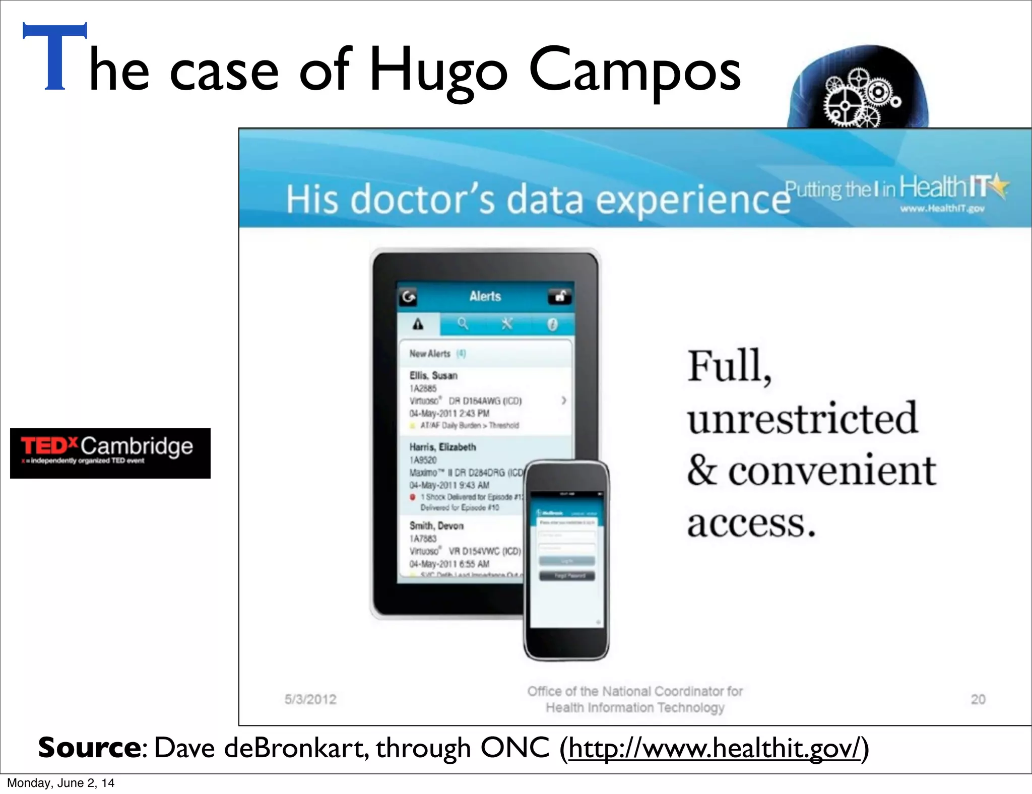 The case of Hugo Campos
Source: Dave deBronkart, through ONC (http://www.healthit.gov/)
Monday, June 2, 14
 