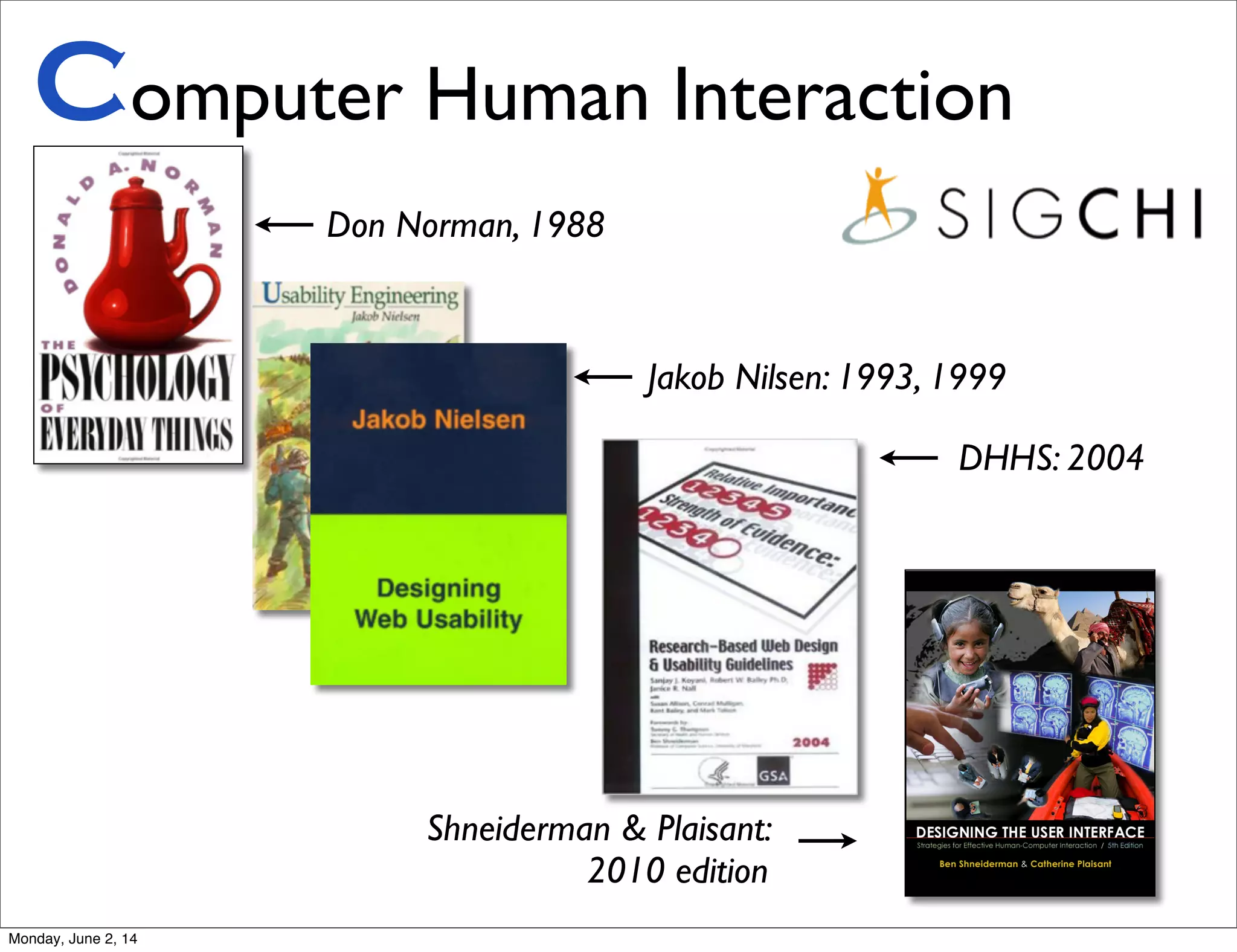 Computer Human Interaction
Don Norman, 1988
Jakob Nilsen: 1993, 1999
Shneiderman & Plaisant:
2010 edition
DHHS: 2004
Monday, June 2, 14
 