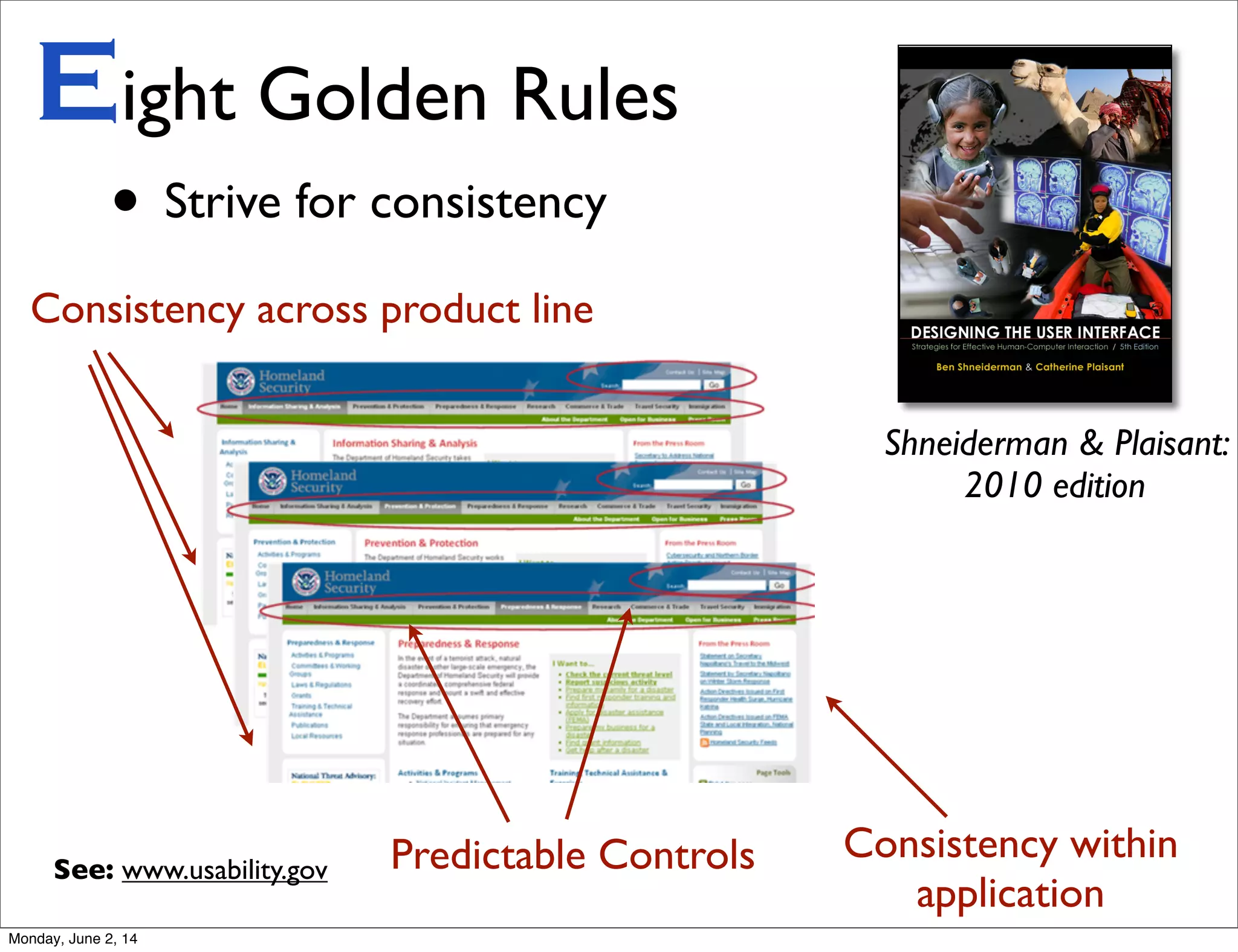 • Strive for consistency
Eight Golden Rules
Shneiderman & Plaisant:
2010 edition
See: www.usability.gov
Consistency within
application
Consistency across product line
Predictable Controls
Monday, June 2, 14
 