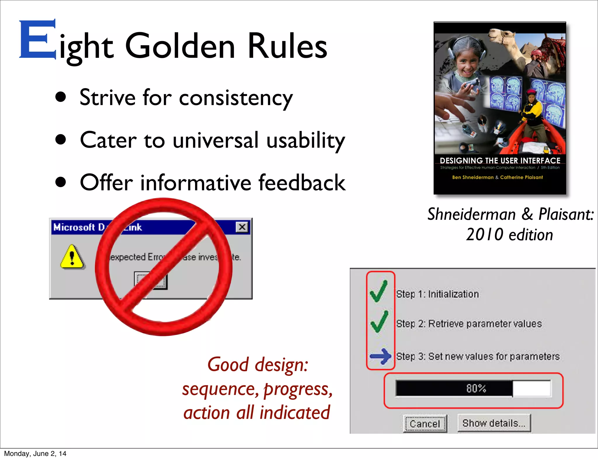 • Strive for consistency
• Cater to universal usability
• Offer informative feedback
Eight Golden Rules
Shneiderman & Plaisant:
2010 edition
Good design:
sequence, progress,
action all indicated
Monday, June 2, 14
 