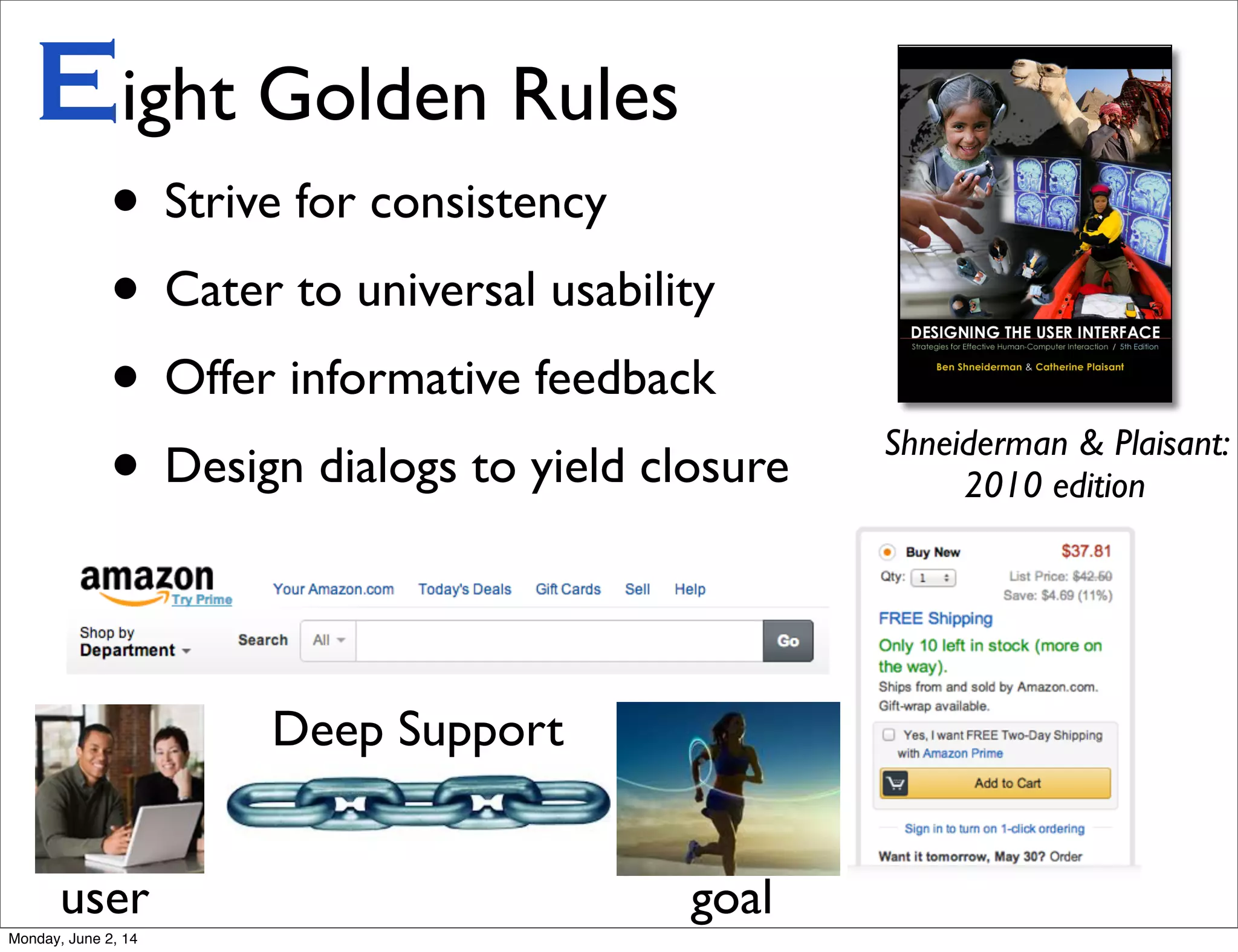 • Strive for consistency
• Cater to universal usability
• Offer informative feedback
• Design dialogs to yield closure
Eight Golden Rules
Shneiderman & Plaisant:
2010 edition
user goal
Deep Support
Monday, June 2, 14
 