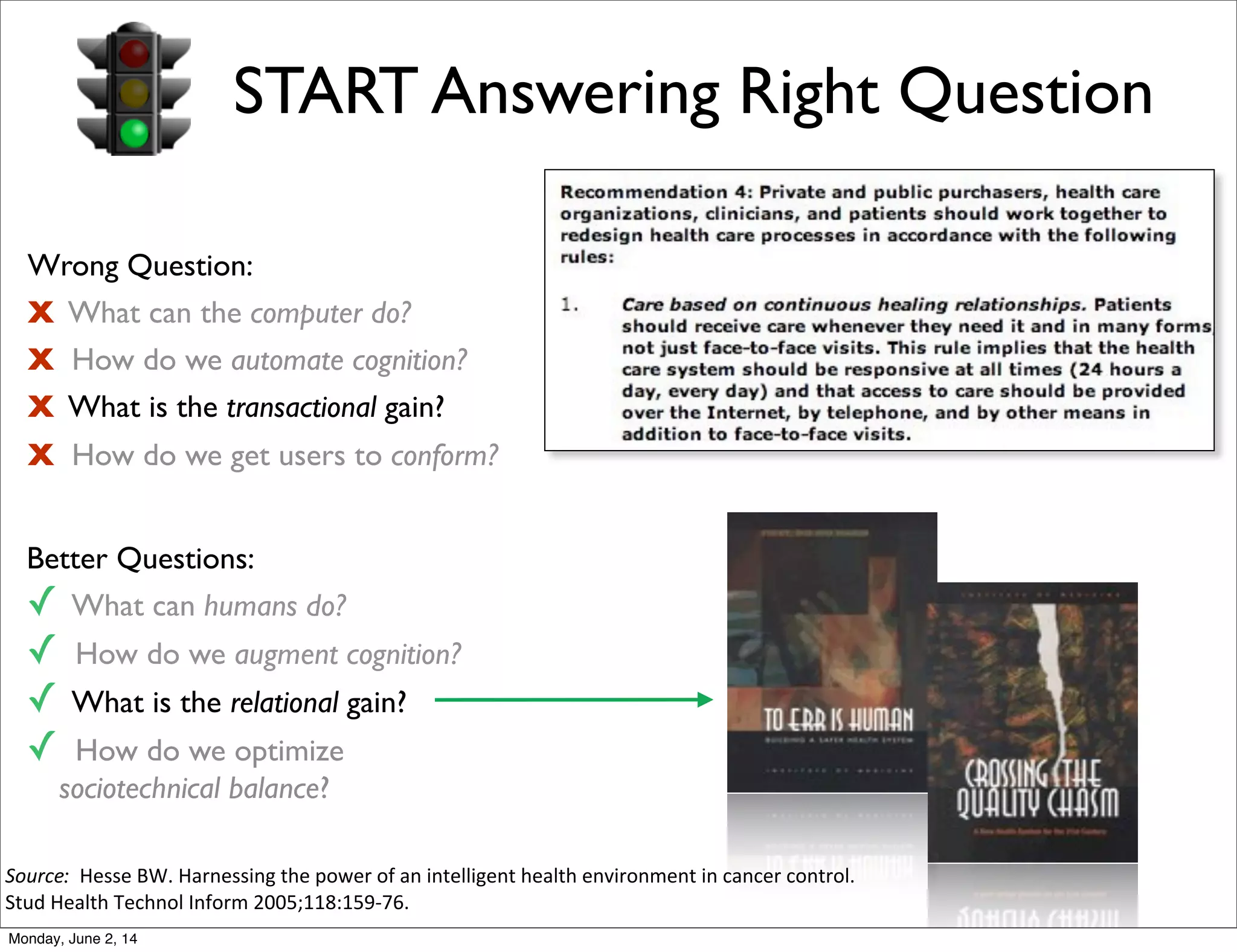 Wrong Question:
X What can the computer do?
X How do we automate cognition?
X What is the transactional gain?
X How do we get users to conform?
Better Questions:
✓ What can humans do?
✓ How do we augment cognition?
✓ What is the relational gain?
✓ How do we optimize
sociotechnical balance?
START Answering Right Question
Source: 	
  Hesse	
  BW.	
  Harnessing	
  the	
  power	
  of	
  an	
  intelligent	
  health	
  environment	
  in	
  cancer	
  control.	
  
Stud	
  Health	
  Technol	
  Inform	
  2005;118:159-­‐76.
.Monday, June 2, 14
 