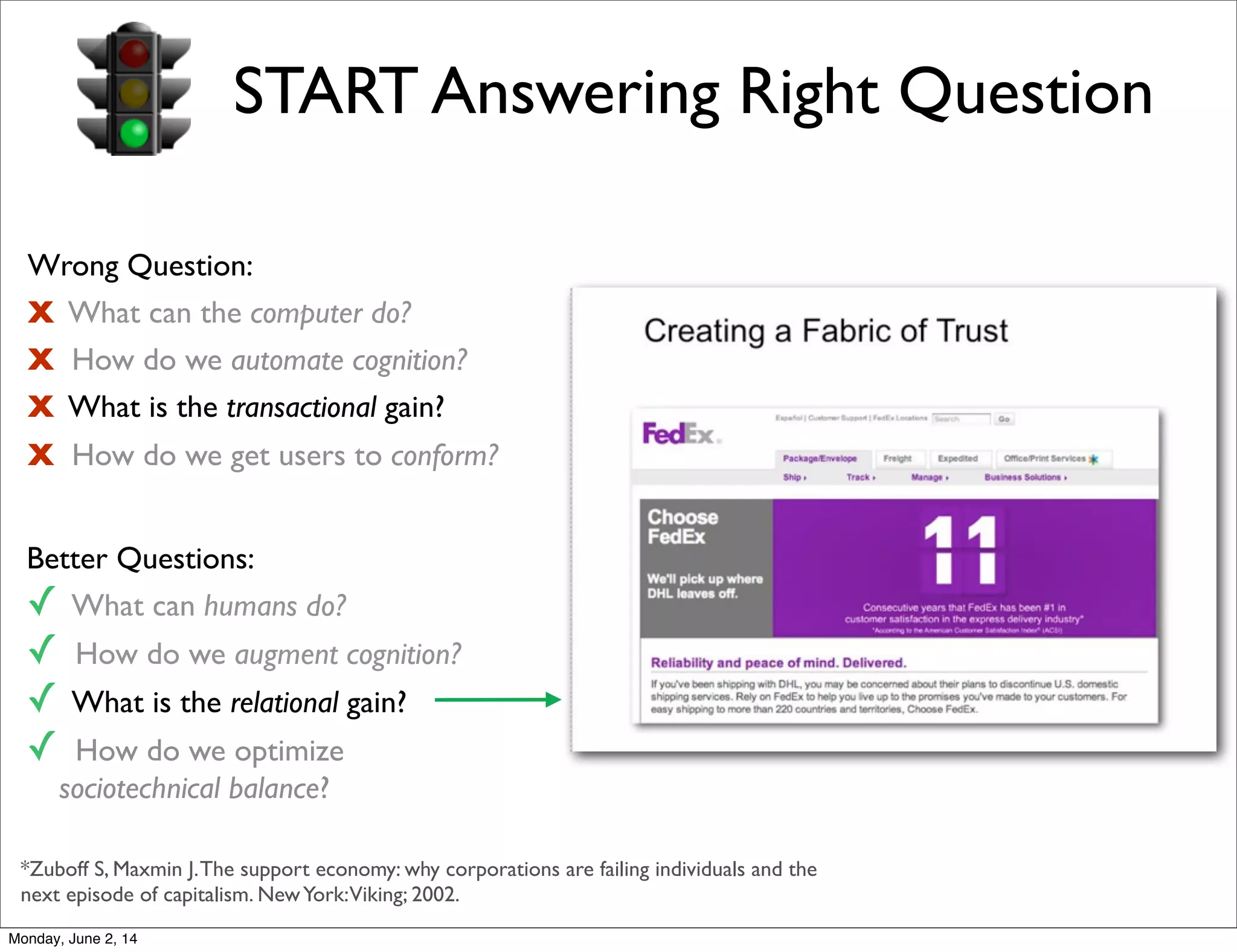 Wrong Question:
X What can the computer do?
X How do we automate cognition?
X What is the transactional gain?
X How do we get users to conform?
Better Questions:
✓ What can humans do?
✓ How do we augment cognition?
✓ What is the relational gain?
✓ How do we optimize
sociotechnical balance?
START Answering Right Question
*Zuboff S, Maxmin J.The support economy: why corporations are failing individuals and the
next episode of capitalism. NewYork:Viking; 2002.
Monday, June 2, 14
 
