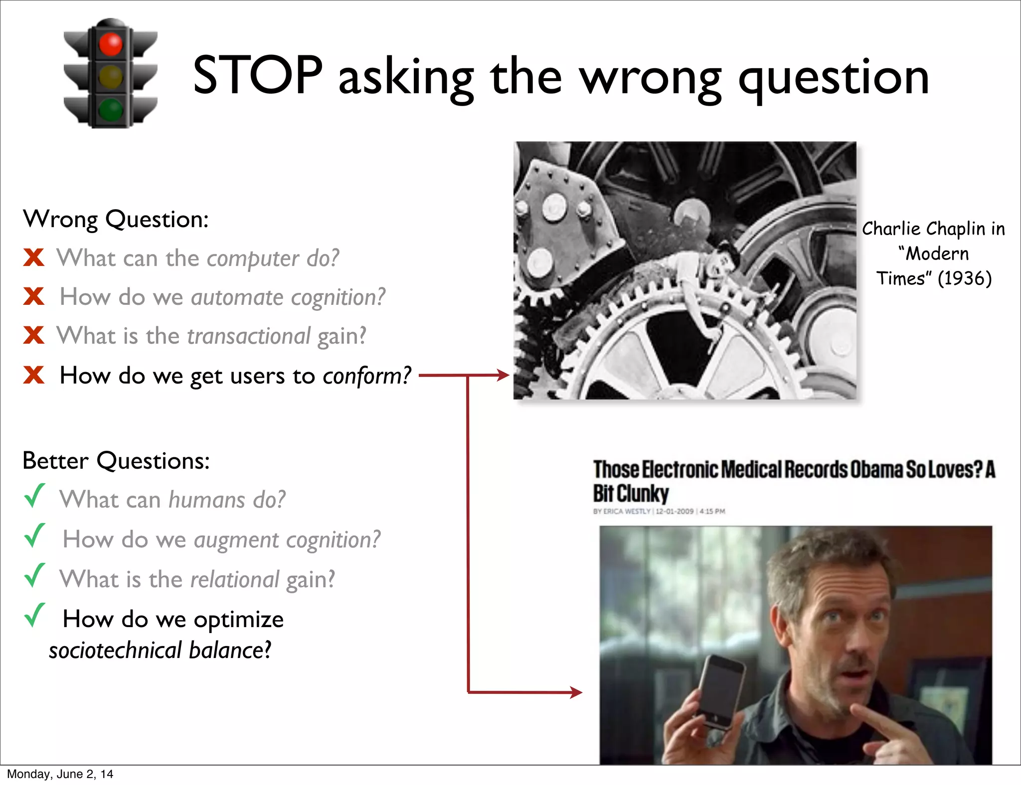 STOP asking the wrong question
Wrong Question:
X What can the computer do?
X How do we automate cognition?
X What is the transactional gain?
X How do we get users to conform?
Better Questions:
✓ What can humans do?
✓ How do we augment cognition?
✓ What is the relational gain?
✓ How do we optimize
sociotechnical balance?
Charlie Chaplin in
“Modern
Times” (1936)
Monday, June 2, 14
 