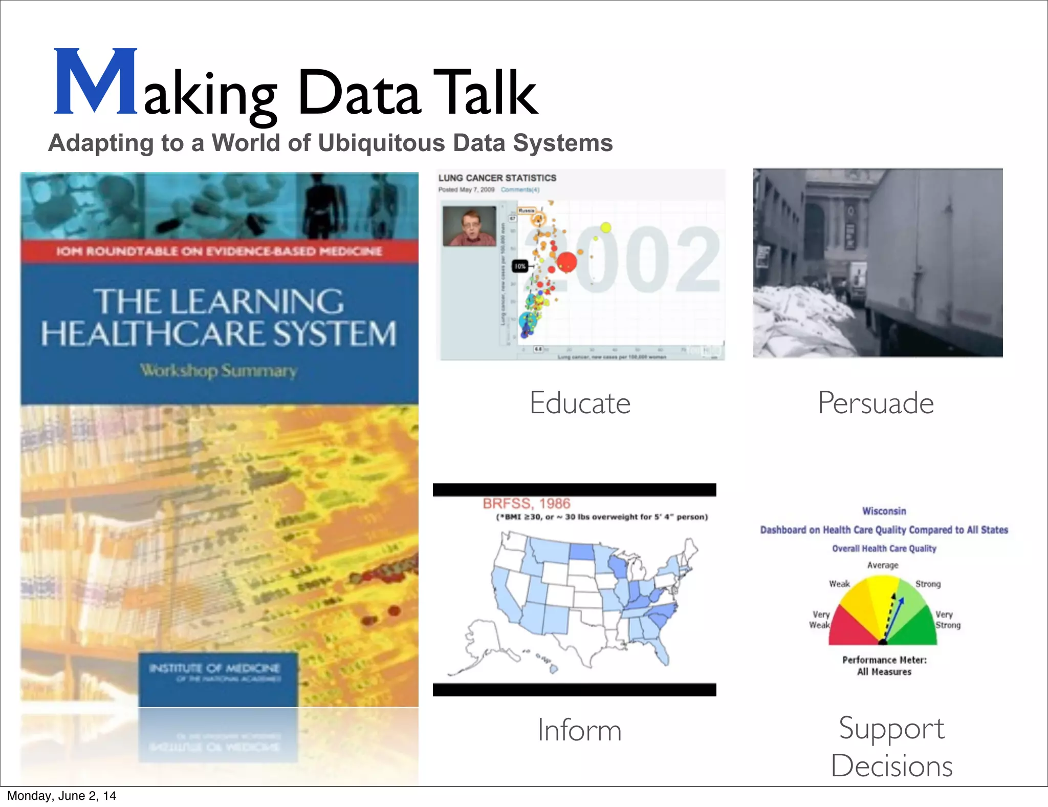 Making Data Talk
Inform Support
Decisions
Educate Persuade
Adapting to a World of Ubiquitous Data Systems
Monday, June 2, 14
 