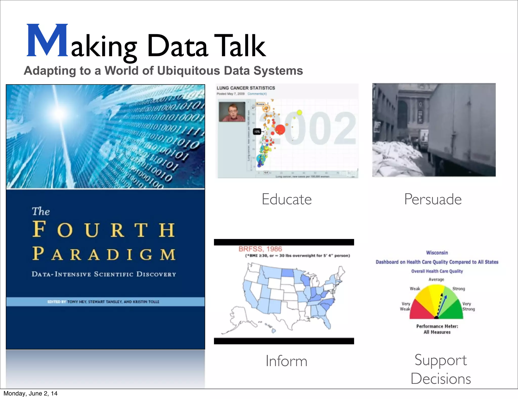 Making Data Talk
Inform Support
Decisions
Educate Persuade
Adapting to a World of Ubiquitous Data Systems
Monday, June 2, 14
 