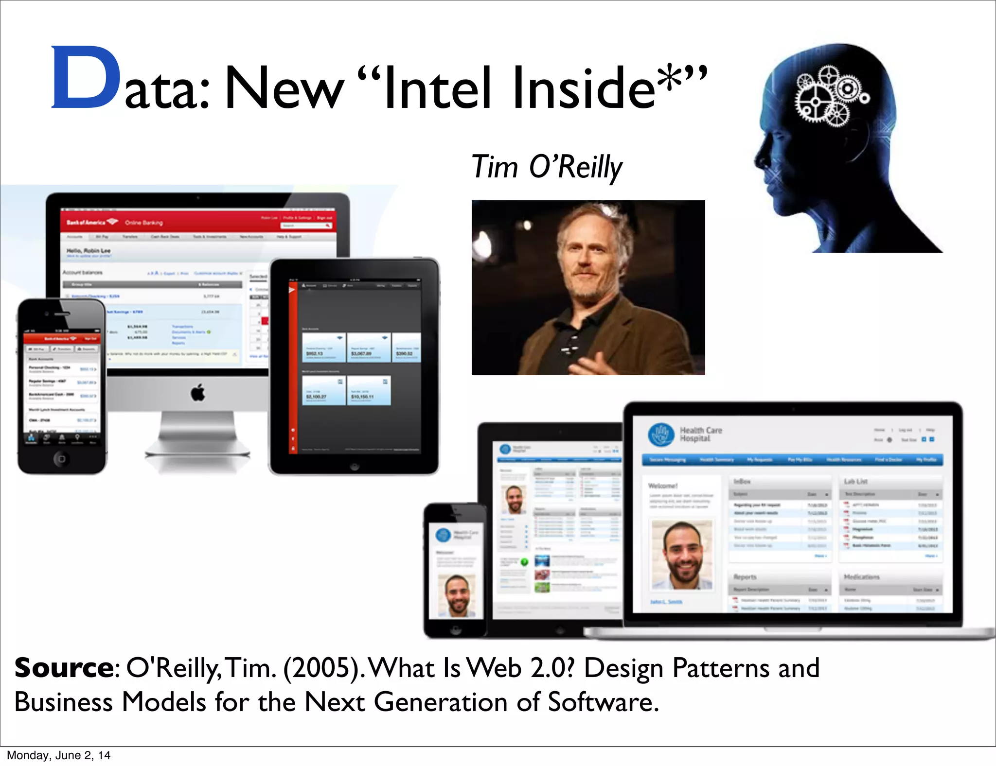 Data: New “Intel Inside*”
Source: O'Reilly,Tim. (2005).What Is Web 2.0? Design Patterns and
Business Models for the Next Generation of Software.
Tim O’Reilly
Monday, June 2, 14
 