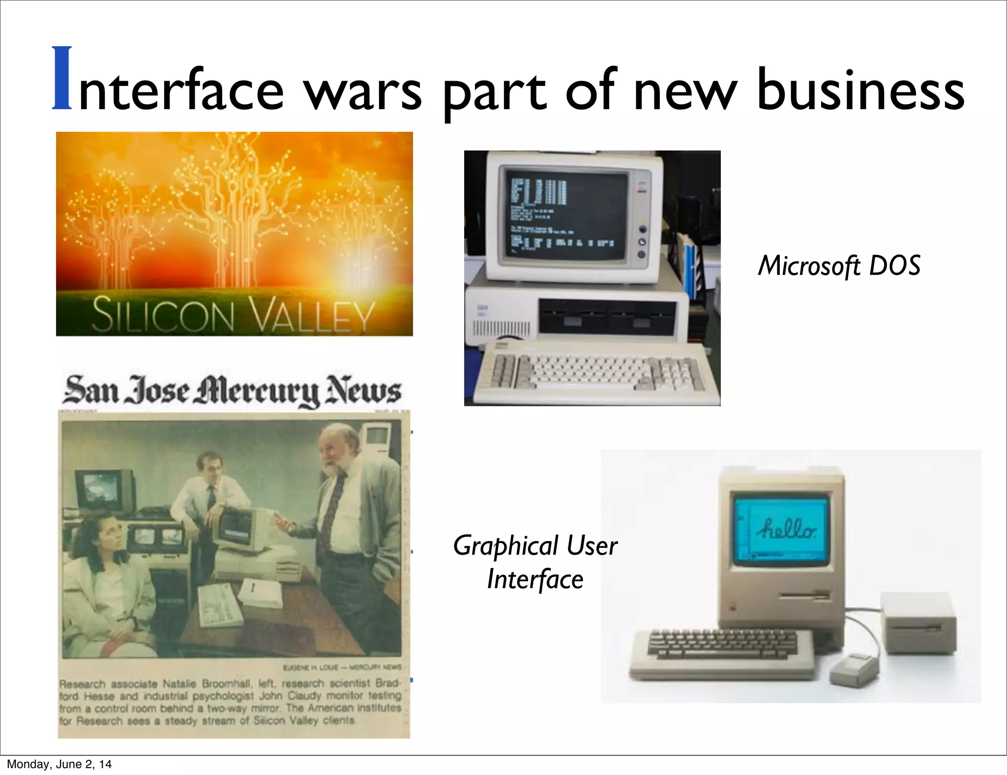 Interface wars part of new business
Microsoft DOS
Graphical User
Interface
Monday, June 2, 14
 