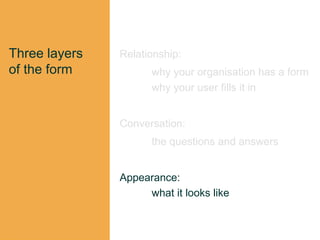 Three layers
of the form
Relationship:
why your organisation has a form
why your user fills it in
Conversation:
the questions and answers
Appearance:
what it looks like
 