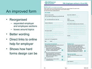 An improved form
• Reorganised
– separated employer
and employee sections
– boxes around topics
• Better wording
• Direct links to online
help for employer
• Shows how hard
forms design can be
 