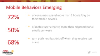 #RIC15
Mobile	
  Behaviors	
  Emerging	
  
§  of  consumers  spend  more  than  2  hours  /day  on  
their  mobile  devices.  

§  of  mobile  users  receive  more  than  20  promo@onal  
emails  per  week  

§  turn  push  no@ﬁca@ons  oﬀ  when  they  receive  too  
many
50%	
  
68%	
  
72%	
  
 