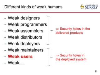 11
Different kinds of weak humans
- Weak designers
- Weak programmers
- Weak assemblers
- Weak distributors
- Weak deployers
- Weak maintainers
- Weak users
- Weak …
 Security holes in the
delivered products
 Security holes in
the deployed system
 