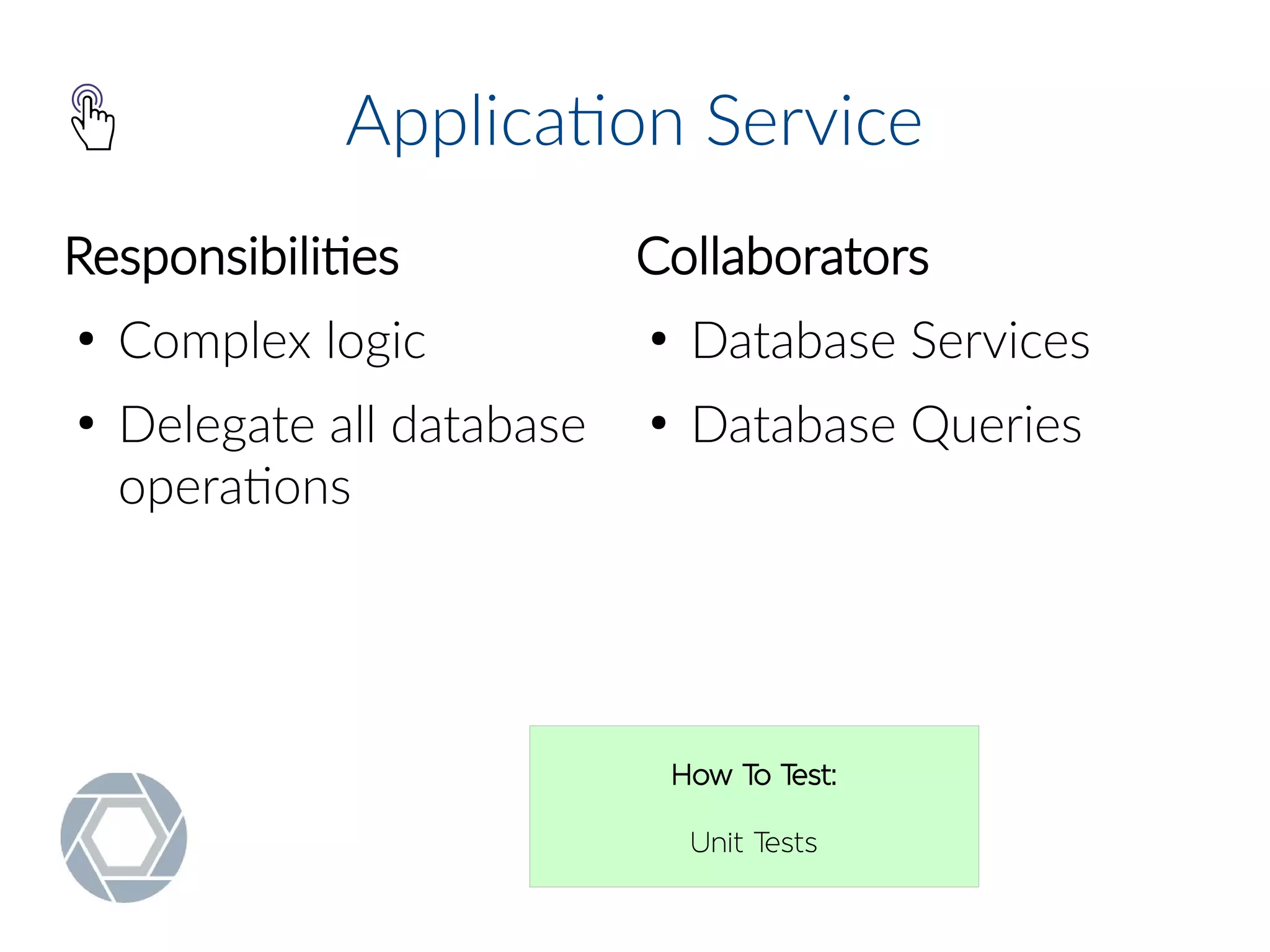 Application Service
Responsibilities
●
Complex logic
●
Delegate all database
operations
Collaborators
●
Database Services
●
Database Queries
How To Test:
Unit Tests
 