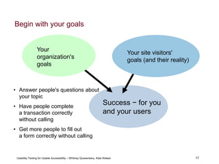 17
Usability Testing for Usable Accessibility – Whitney Quesenbery, Kate Walser 17
Begin with your goals
Success − for you
and your users
Your site visitors'
goals (and their reality)
• Answer people's questions about
your topic
• Have people complete
a transaction correctly
without calling
• Get more people to fill out
a form correctly without calling
Your
organization's
goals
 