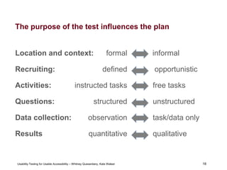 18
Usability Testing for Usable Accessibility – Whitney Quesenbery, Kate Walser 18
Location and context: formal informal
Recruiting: defined opportunistic
Activities: instructed tasks free tasks
Questions: structured unstructured
Data collection: observation task/data only
Results quantitative qualitative
The purpose of the test influences the plan
 